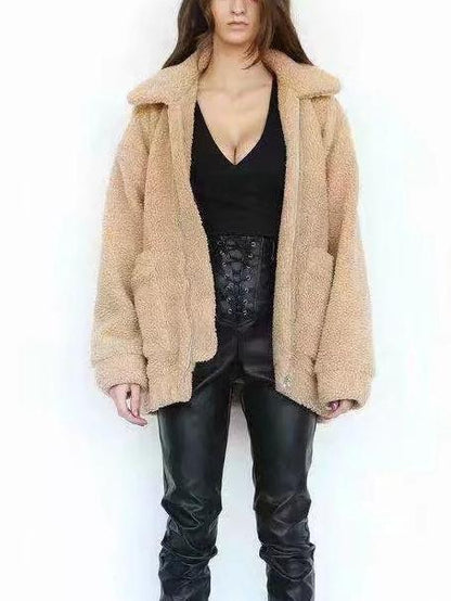 Loose Padded Warm Lamb Lamb Leisure Lapel Double Pocket Coat