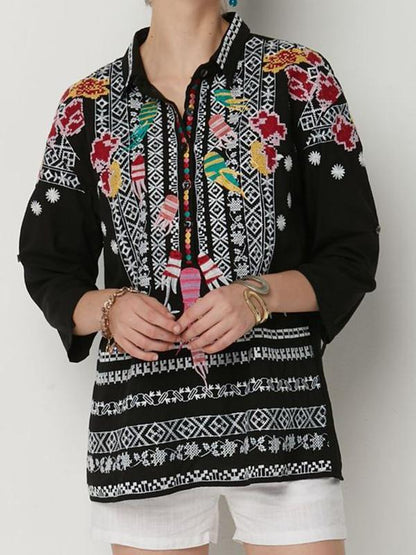 Casual V-Neck Floral Print Boho Blouses Tops