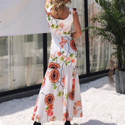 Sexy V-Neck Floral Printed Chiffon Mermaid Maxi Dress