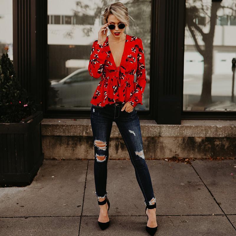 Print Deep V Neck Long Sleeve Belted Top Blouse
