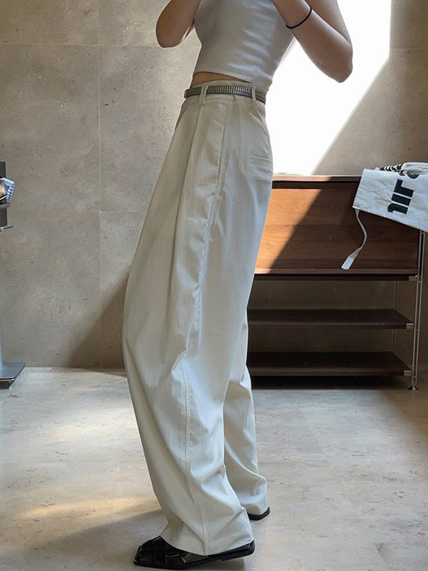 Original Simple Casual Loose Wide Legs Pleated Solid Color Pants
