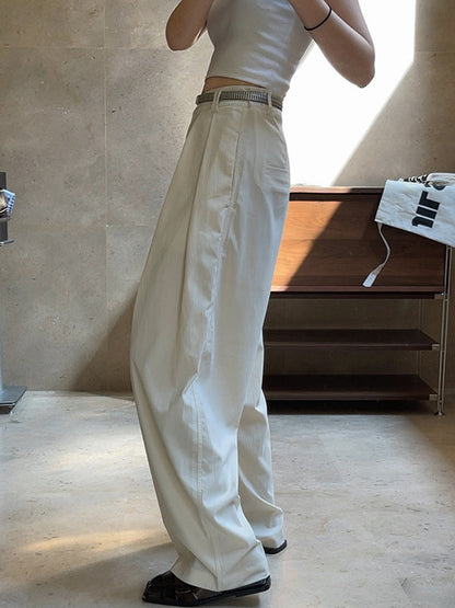 Original Simple Casual Loose Wide Legs Pleated Solid Color Pants