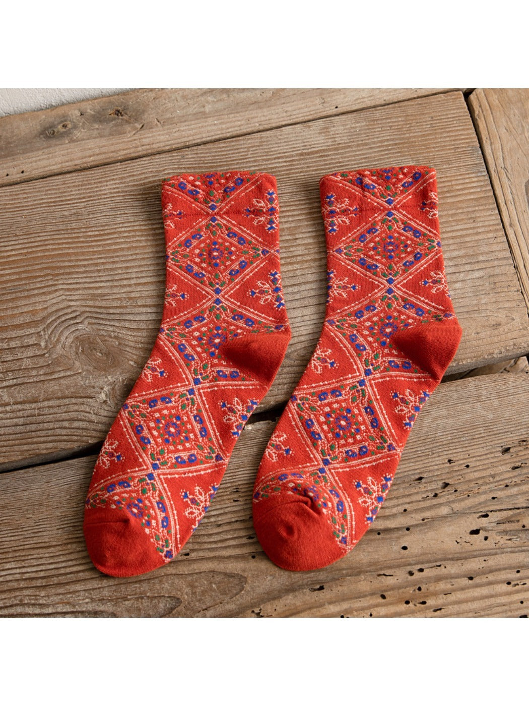 Rufia - Retro Mid-calf Socks with Diamond Floral Patterns