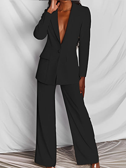 Long Sleeves Wrap Solid Color Deep V-Neck Cardigan&Pants Suits