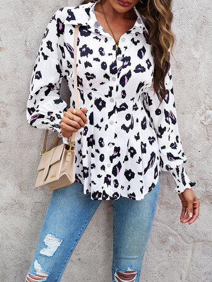 Bishop Sleeve Long Sleeves Buttoned Elasticity Leopard Pleated Lapel Blouses&Shirts Tops