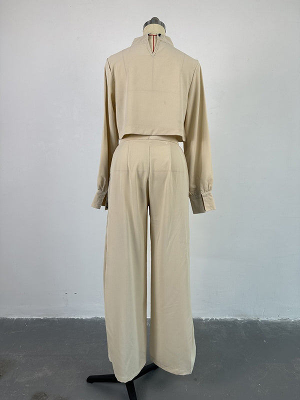 Long Sleeves Wide Leg Buttoned Contrast Color Round-Neck Shirts Tops&Pants Suits