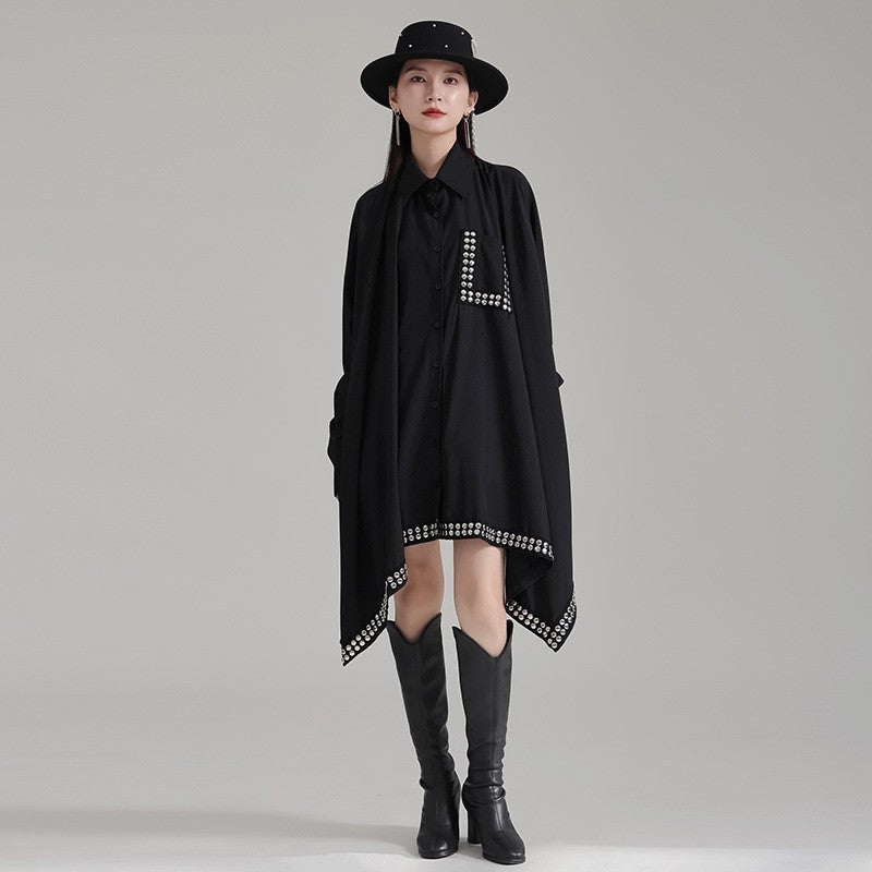 Dark Polyester Loose Paneled Lapel Batwing Sleeve Dress