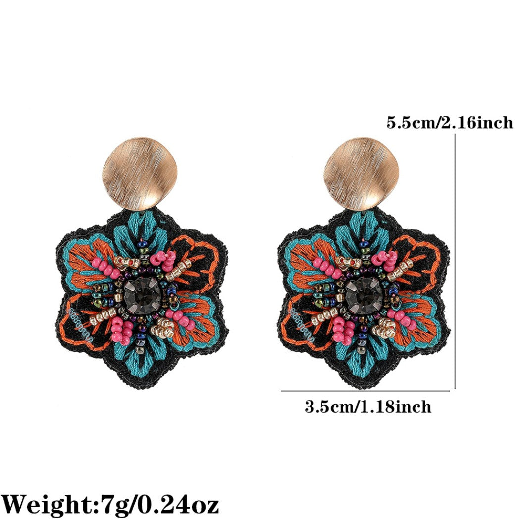 Earwish - Boho Fabric Floral Earrings - Blue / Green