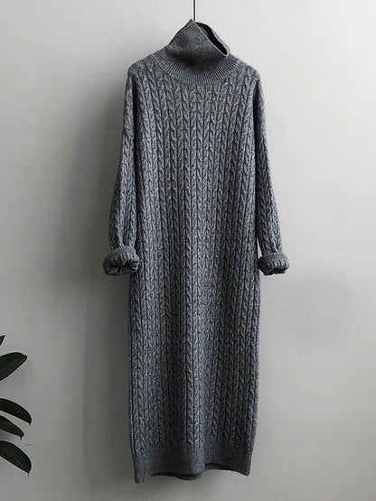 Solid Color H-Line Long Sleeves High Neck Knitted Midi Dresses