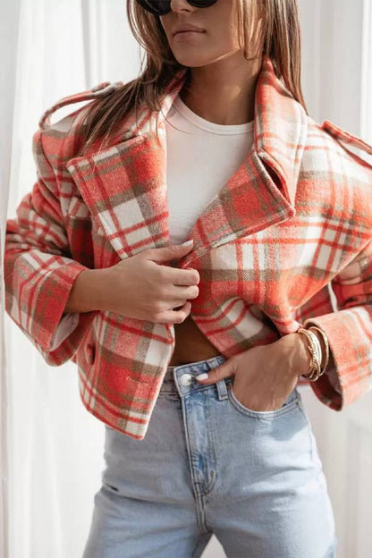 Women Fall\/Winter Turndown Collar Plaid Print Jacket