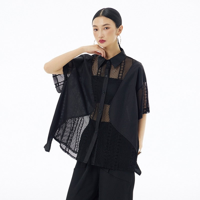 Sheer Mesh Polo Collar Short Sleeve Shirt  Loose Fit, Slimming Effect, Stylish & Versatile Top For Women