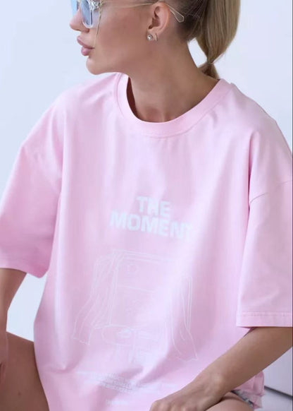 Oversized Cotton Tee With Graphic Print Pink