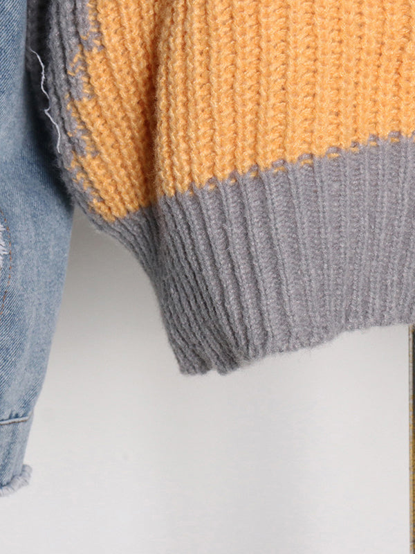 Stylish Denim Knitting Split-Joint Contrast Color Sweater Top
