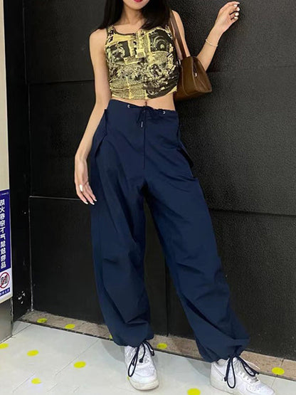 Loose Drawstring See-Through Solid Color Pants Trousers