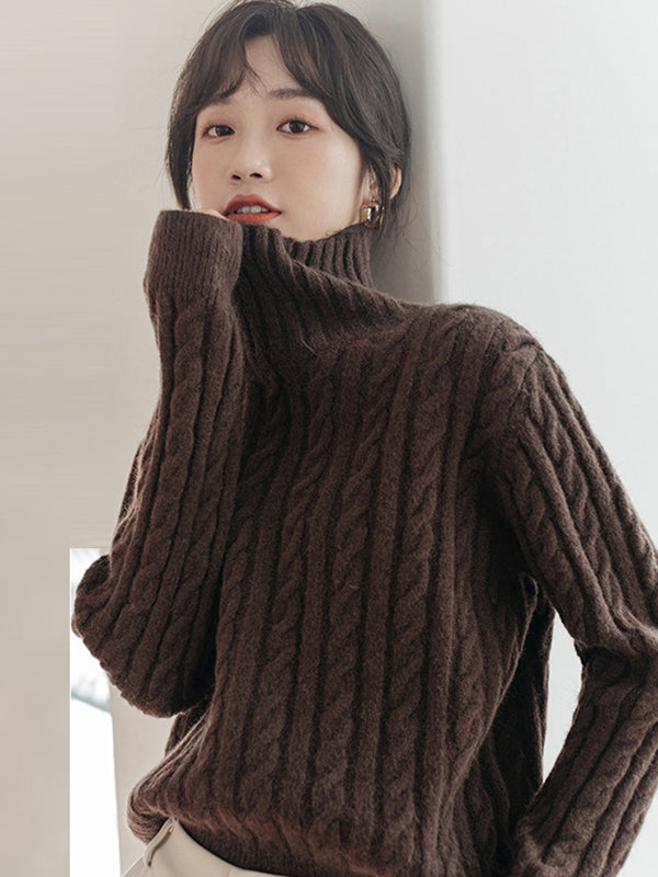 Casual Long Sleeves Loose Solid Color High-Neck Sweater Tops