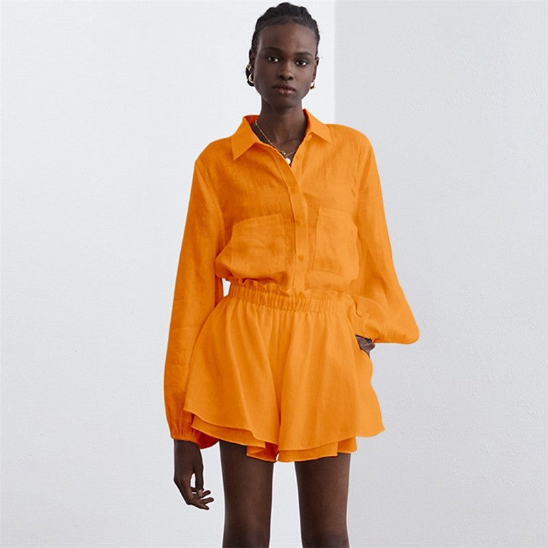 Solid Color Long Sleeve Top With Ruffle Hem Shorts Set