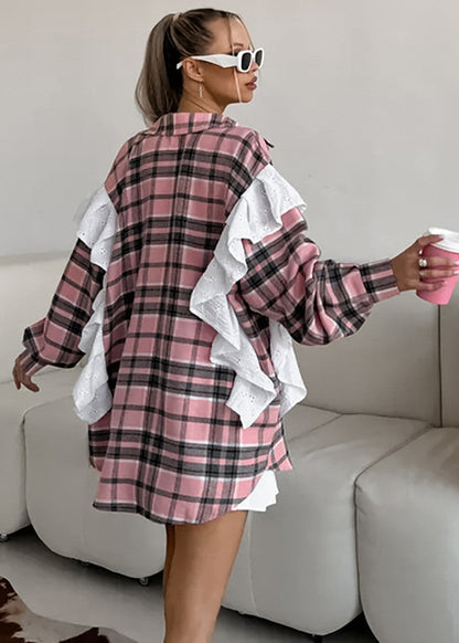 Plaid Poplin Shirt Cotton Polyester Pink Ruffle Detail