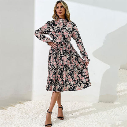 Printed Belted Half Turtleneck Dress With Petal Sleeves