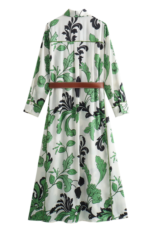 Long Sleeve Belted Waist Shirt-Style Long Dress