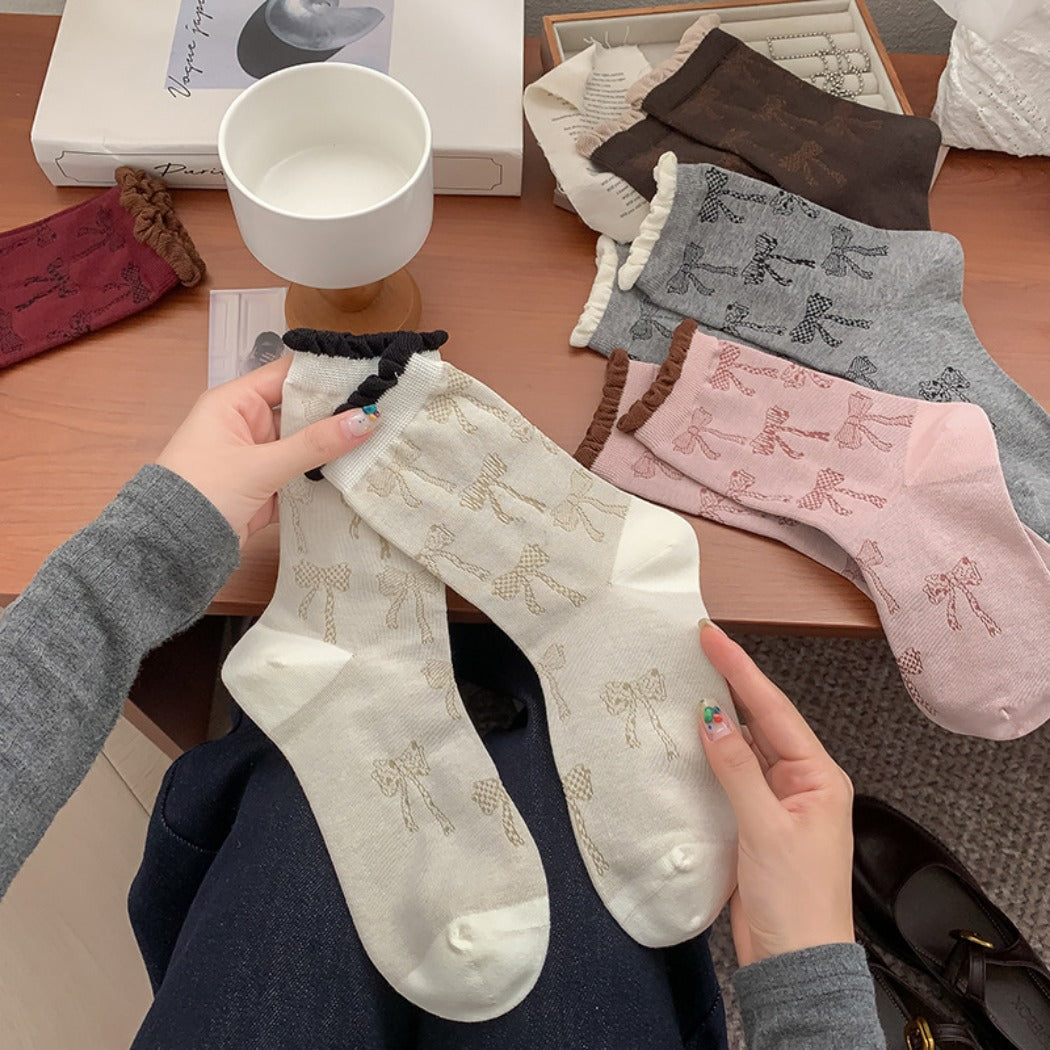 Rufia - Retro Doodle Bow Crew Socks - Sweet &amp; Stylish