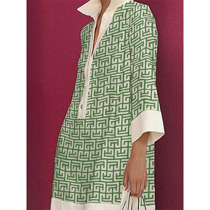 Long Sleeves Three-Quarter Sleeves Buttoned Printed Lapel Mini Dresses Shirt Dress