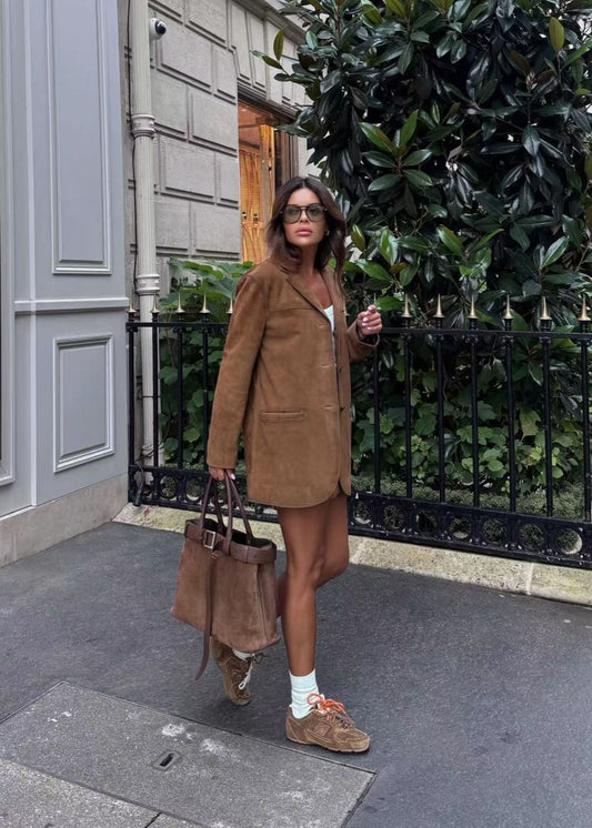 Suede Button Front Blazer with Patch Pockets