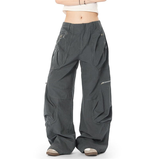 Pleated Cargo Pocket Straight Wide Leg Pants