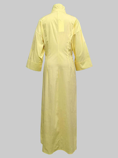 A-Line High Waisted Pleated Solid Color V-Neck Maxi Dresses Shirt Dress