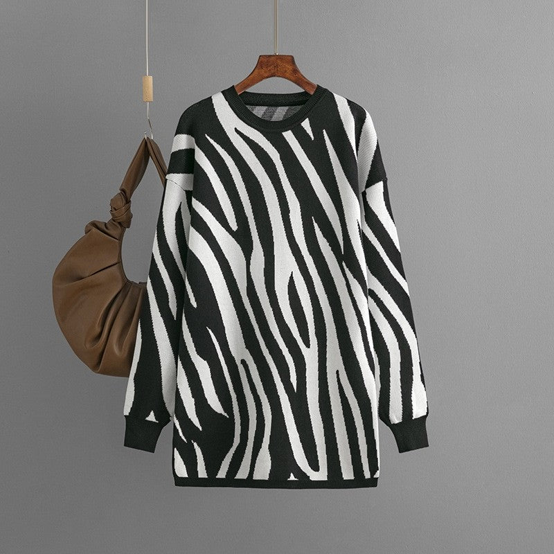 Zebra Print Crew Neck Loose Sweater