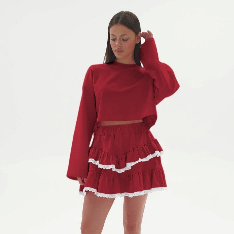 Color Block Crop Hoodie Lace Skirt Set