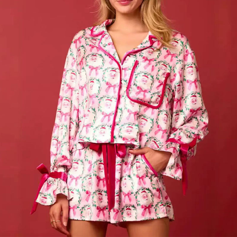 2-Pcs Bow Tie Long Sleeve Shorts Pajamas Sets