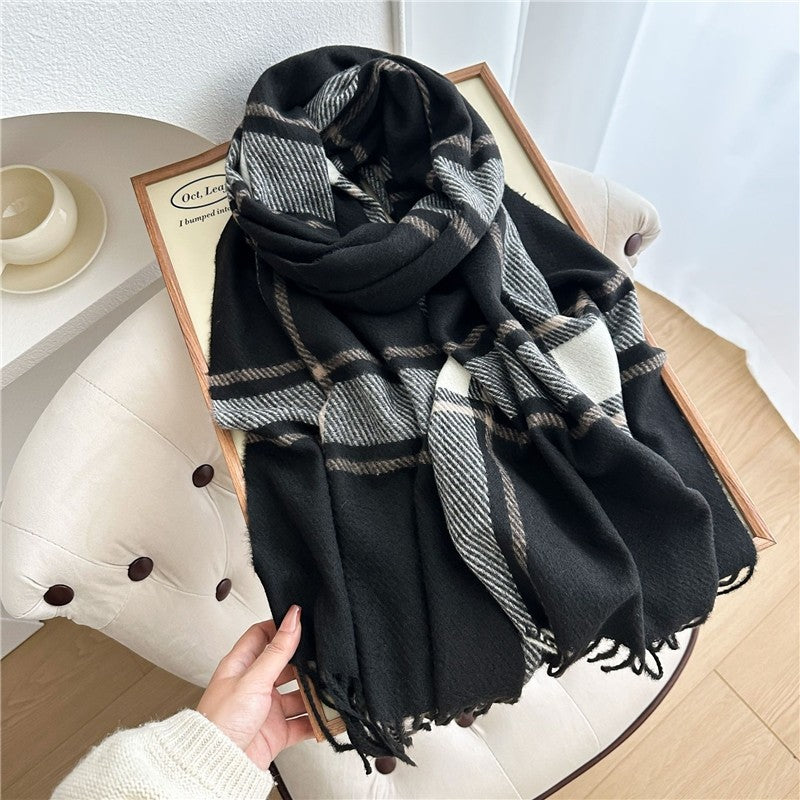 Color Block Plaid Fringe Scarf