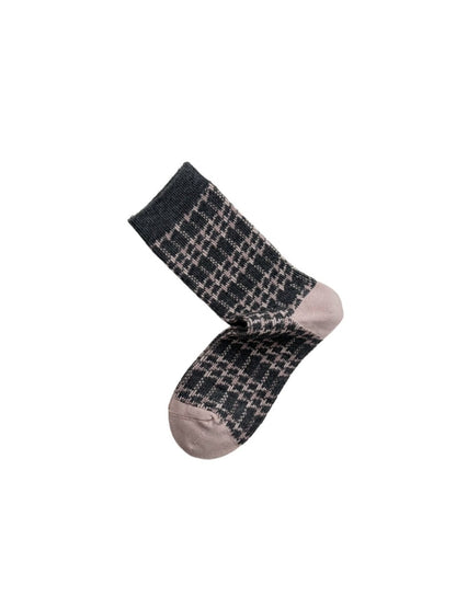 Rufia - Grey Pink Plaid Bow Mid-Crew Socks
