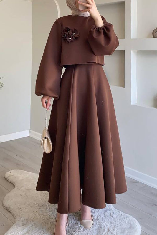 Three-Dimensional Floral Puff Sleeve Top + Long Swing Maxi Skirt Two-Piece Set