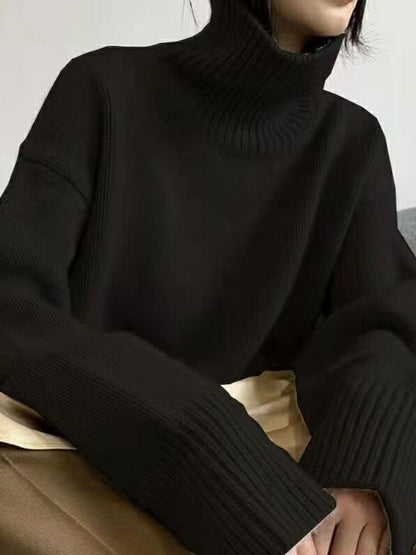 Long Sleeves Loose Pleated Solid Color Split-Joint High Neck Sweater