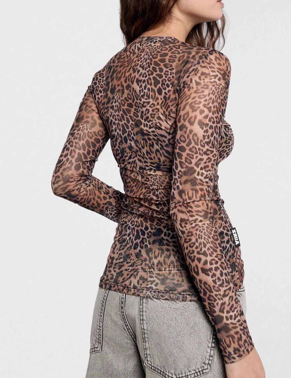 Vintage Mesh Leopard Print Slim Blouse