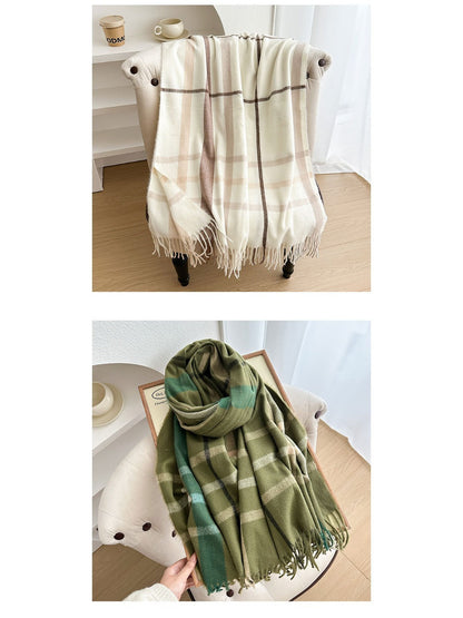 Scarvii - Reversible Color-Block Plaid Scarf with Fringe