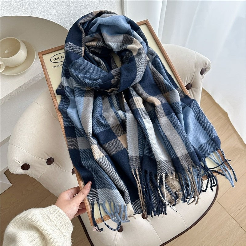 Color Block Plaid Fringe Scarf