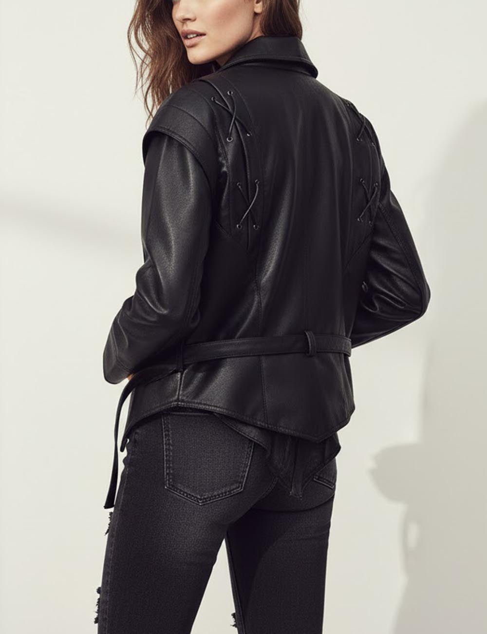 Cool Lapel Drawstring Belt Leather Jacket