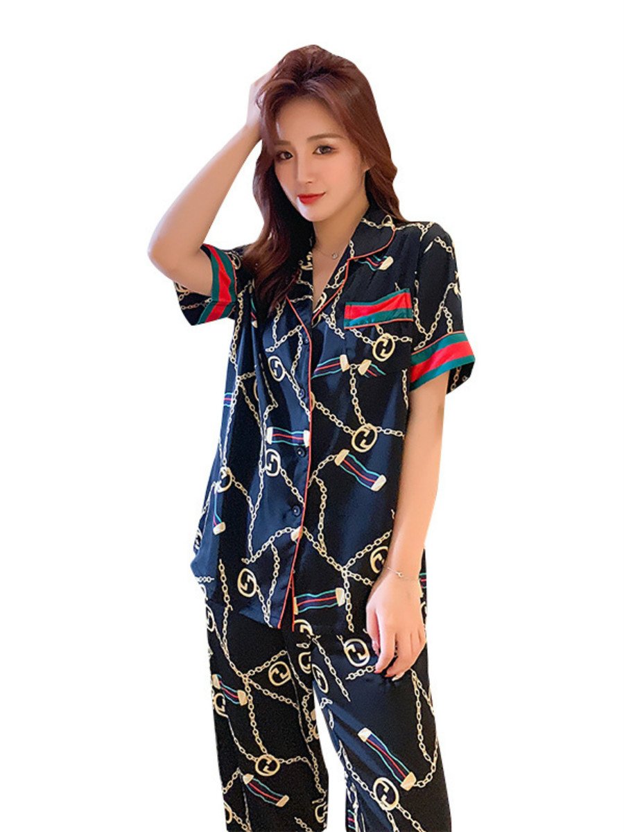Autumn Couple Ice Silk Pajamas Women Fashion Short Sleeve Suit Men Korean Leisure Silk Ladies Cardigan Home Service