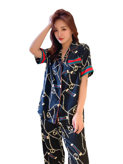 Autumn Couple Ice Silk Pajamas Women Fashion Short Sleeve Suit Men Korean Leisure Silk Ladies Cardigan Home Service