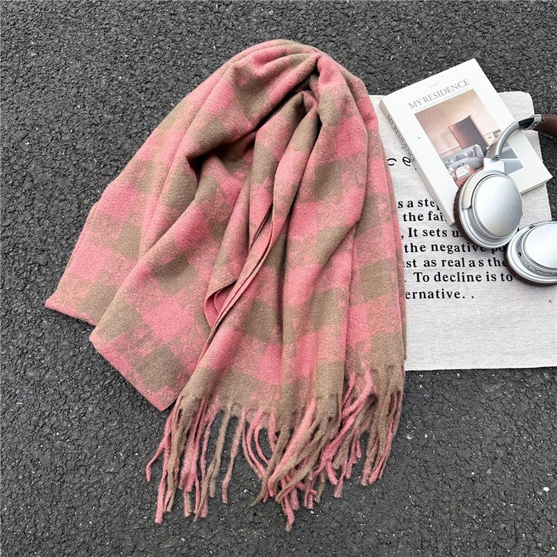 Color Block Plaid Fringe Scarf
