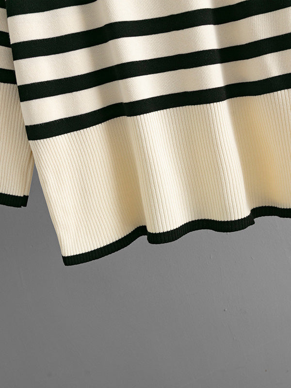 Long Sleeves Loose Contrast Color Split-Joint Striped Patterns High Neck Sweater Tops