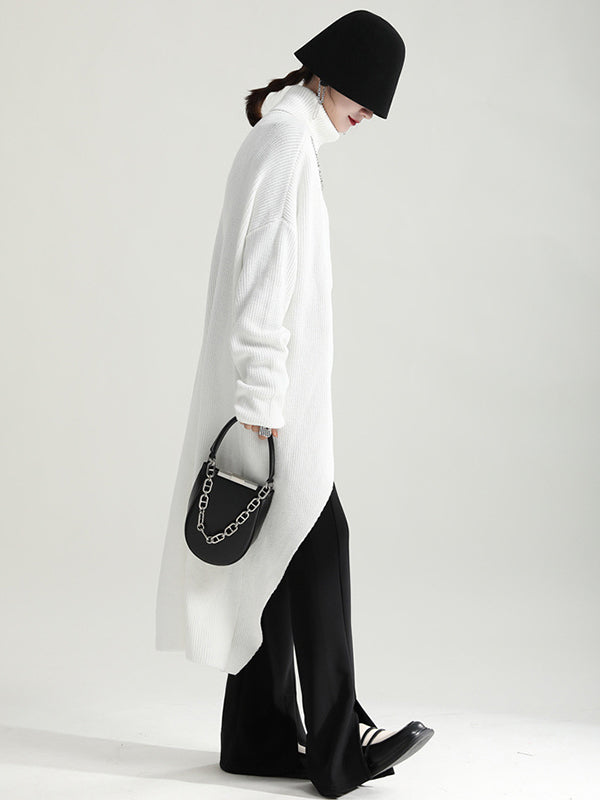Original High-Low Asymmetric Knitting Dress High-Neck Sweater Dress