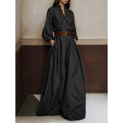 Long Sleeves Loose Buttoned No Belt Solid Color V-Neck Jumpsuits