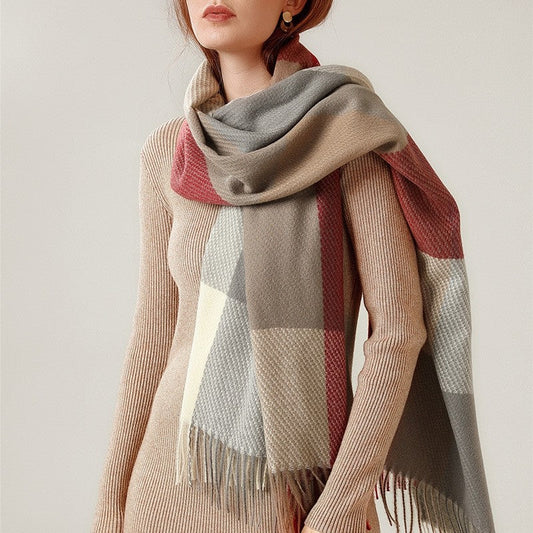 British Style Plaid Imitated Cashmere Tassled Shawl Scarf