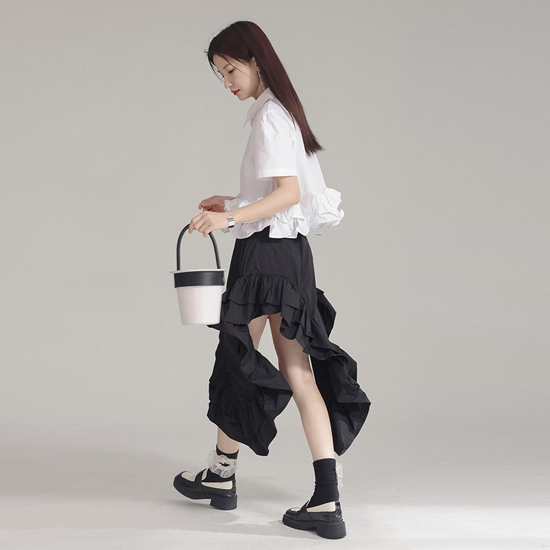 Pleated Ruffled Lapel Long Sleeve Blouse