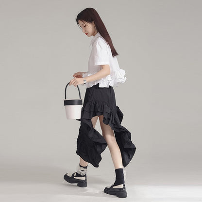 Pleated Ruffled Lapel Long Sleeve Blouse