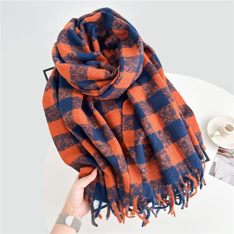 Color Block Plaid Fringe Scarf
