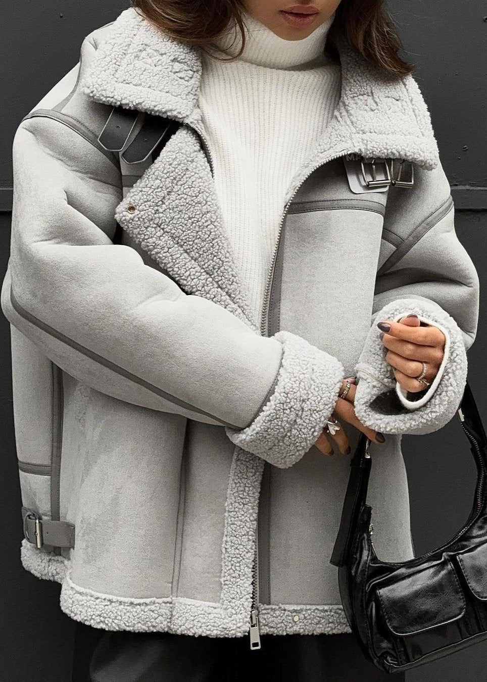 Shearling Aviator Jacket With Buckle Accents